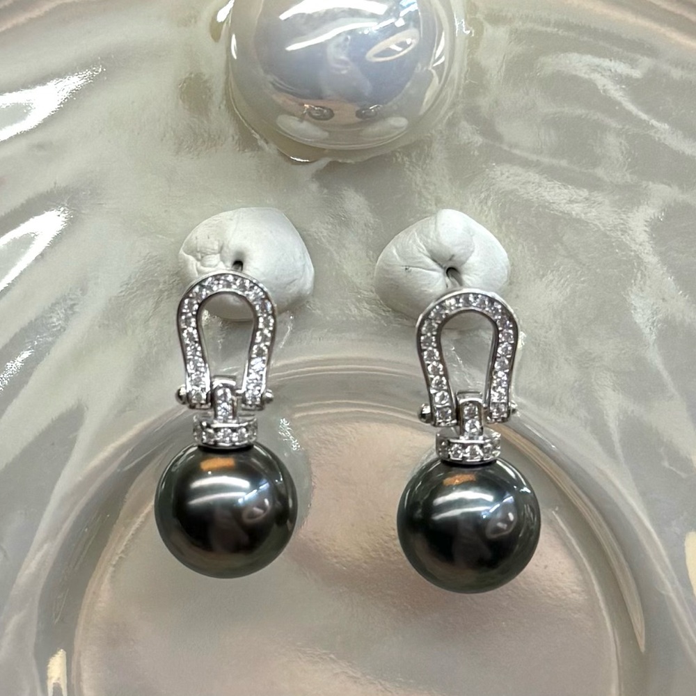 EPT16 Australian Tahitian Charcoal 10-11mm Pearl Horseshoe Earrings 18K WG S925 - Picture 12 of 16